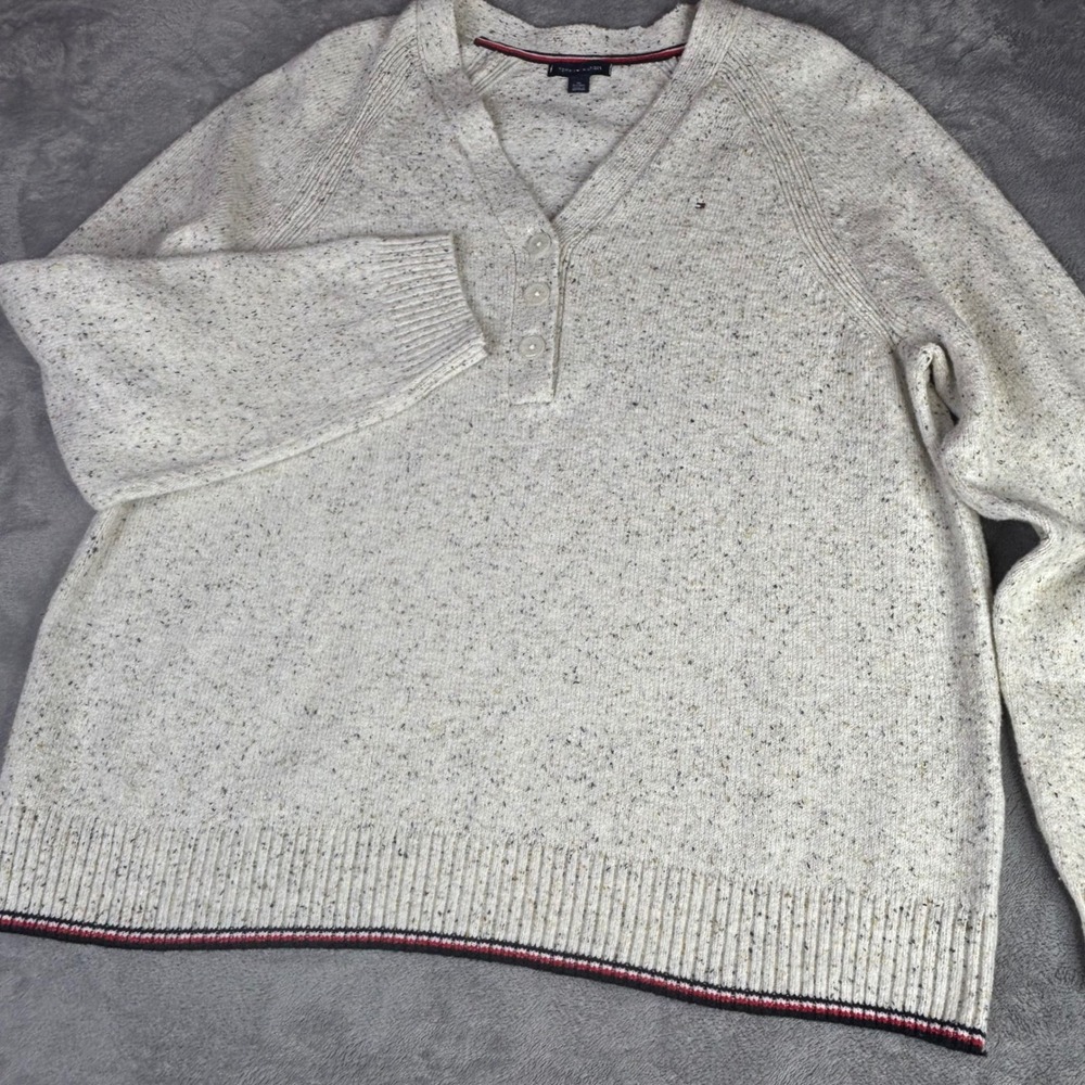 Tommy Hilfiger Henley Sweater Men XL Cream Speckled Cotton Blend Raglan Pullover